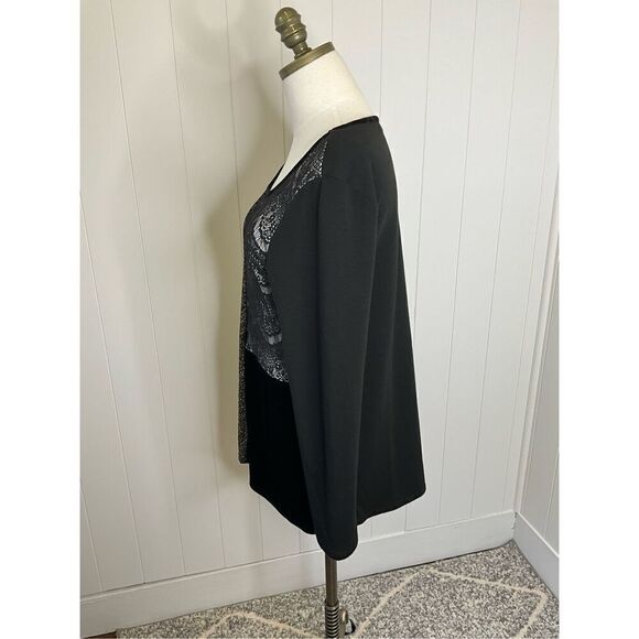 Style & Co Women Medium Pullover Tunic Top Black Mixed Media Long Sleeve Stretch - Picture 9 of 11